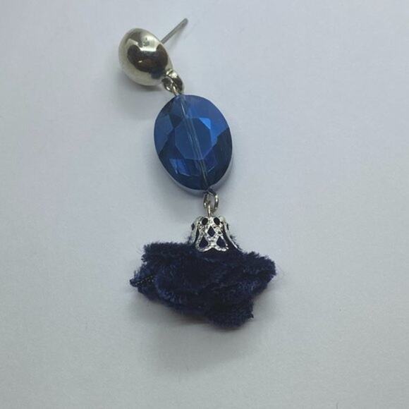 Silver-Tone Blue Beaded & Pom-Pom Dangle Earrings - Picture 7 of 7